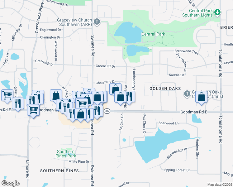 map of restaurants, bars, coffee shops, grocery stores, and more near 1129 Atterbury Circle South in Southaven