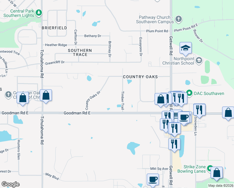 map of restaurants, bars, coffee shops, grocery stores, and more near 7175 Timber Trail in Southaven