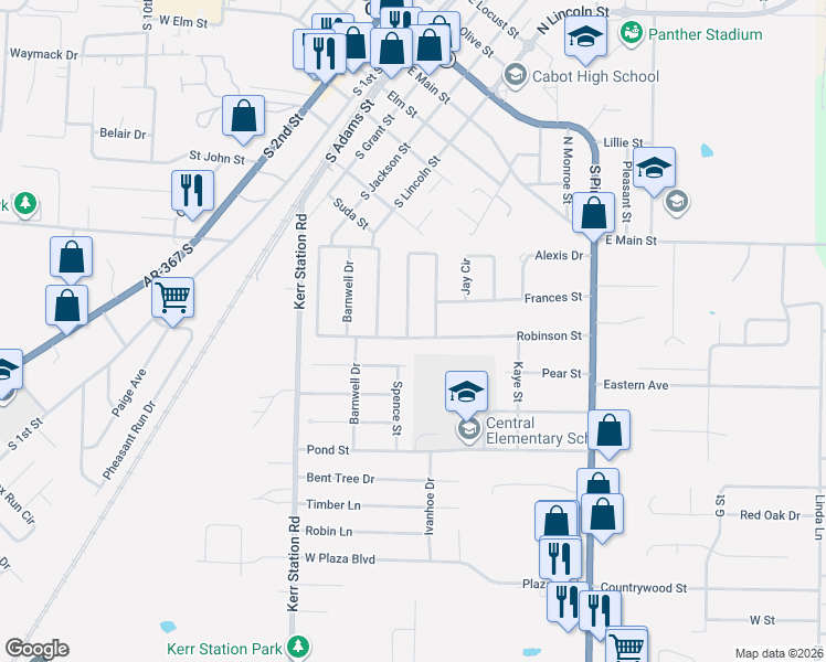map of restaurants, bars, coffee shops, grocery stores, and more near 66 Meadowlark Drive in Cabot