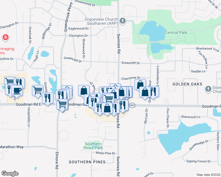 map of restaurants, bars, coffee shops, grocery stores, and more near 7160 Swinnea Ridge North in Southaven