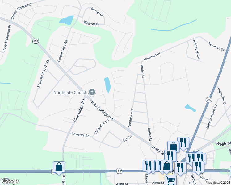 map of restaurants, bars, coffee shops, grocery stores, and more near 621 Willowtree Way in Lyman
