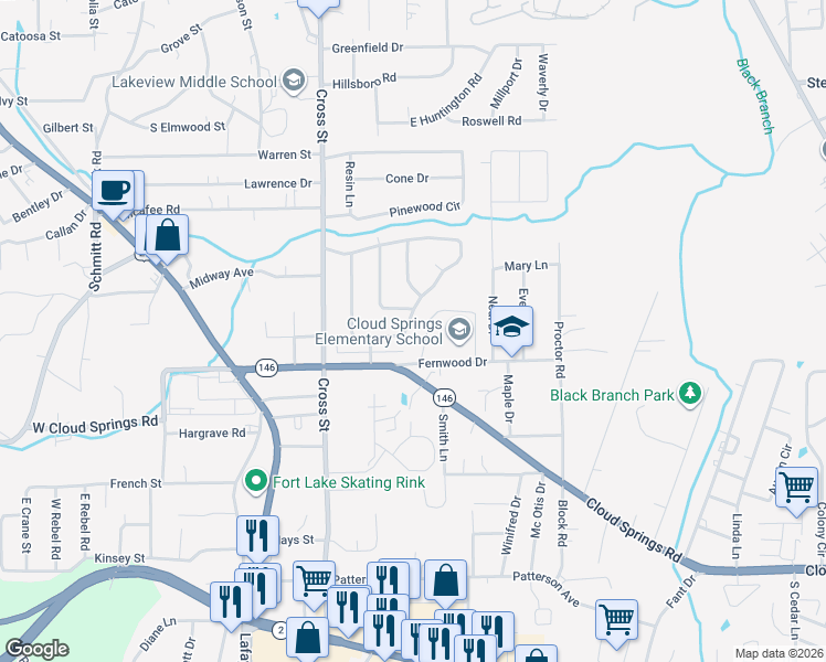 map of restaurants, bars, coffee shops, grocery stores, and more near 19 Edgewood Circle in Fort Oglethorpe