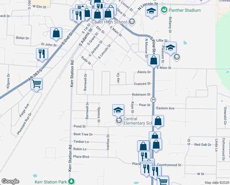 map of restaurants, bars, coffee shops, grocery stores, and more near 39 Frances Street in Cabot