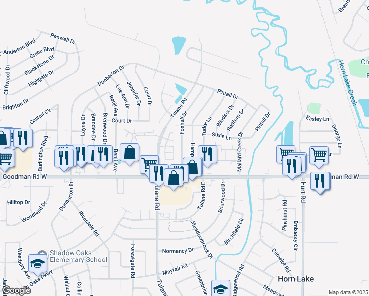 map of restaurants, bars, coffee shops, grocery stores, and more near 7037 Foxhall Drive in Horn Lake