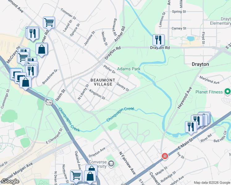 map of restaurants, bars, coffee shops, grocery stores, and more near 405 Sloan Street in Spartanburg