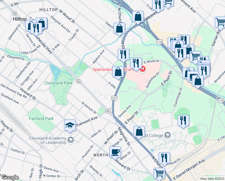 map of restaurants, bars, coffee shops, grocery stores, and more near 764 North Church Street in Spartanburg