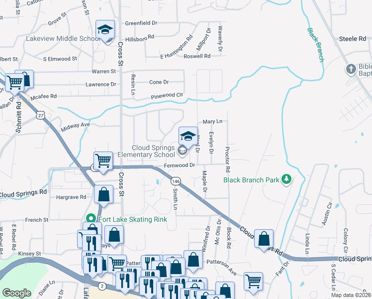 map of restaurants, bars, coffee shops, grocery stores, and more near 163 Fernwood Drive in Fort Oglethorpe