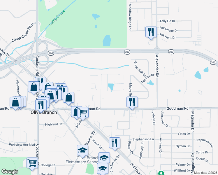map of restaurants, bars, coffee shops, grocery stores, and more near 7094 Village Lane in Olive Branch