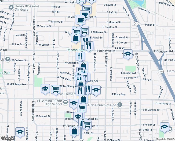 map of restaurants, bars, coffee shops, grocery stores, and more near 121 East Sunset Avenue in Santa Maria