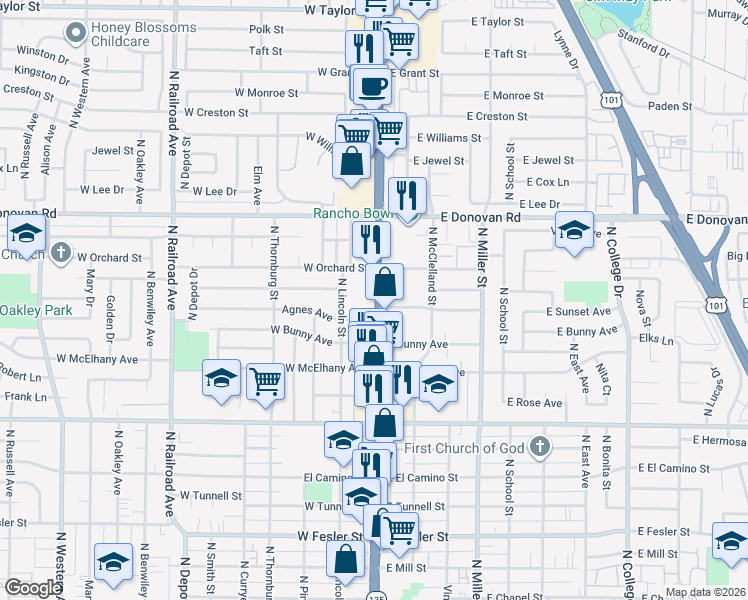 map of restaurants, bars, coffee shops, grocery stores, and more near 1309 N Broadway in Santa Maria