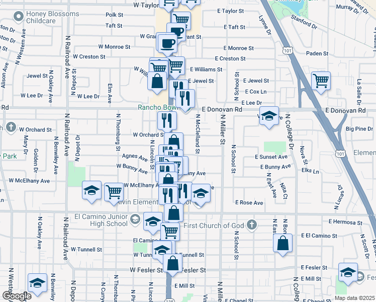 map of restaurants, bars, coffee shops, grocery stores, and more near 1305 North McClelland Street in Santa Maria