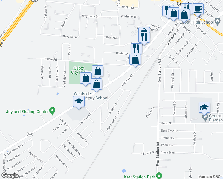 map of restaurants, bars, coffee shops, grocery stores, and more near 206 West Pheasant Run Drive in Cabot