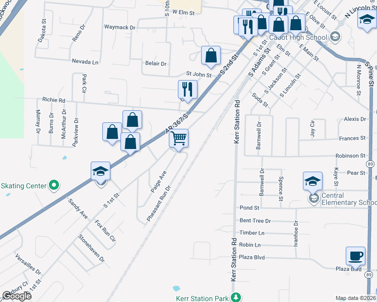 map of restaurants, bars, coffee shops, grocery stores, and more near 106 Pheasant Run Drive in Cabot