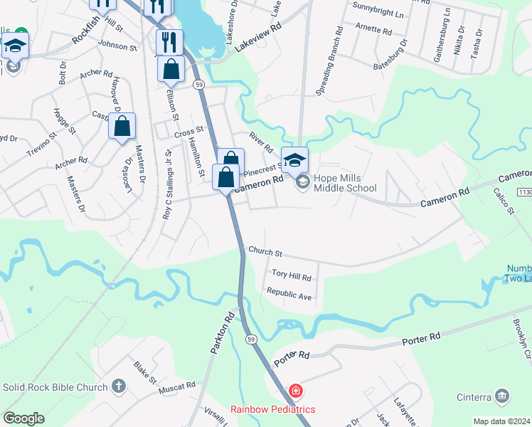map of restaurants, bars, coffee shops, grocery stores, and more near 5421 Gales Street in Hope Mills