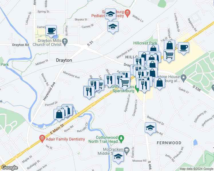 map of restaurants, bars, coffee shops, grocery stores, and more near 1189 Lawson Street in Spartanburg