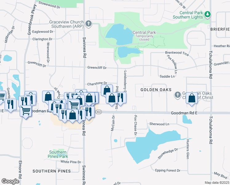map of restaurants, bars, coffee shops, grocery stores, and more near 7185 Stonegate Boulevard in Southaven