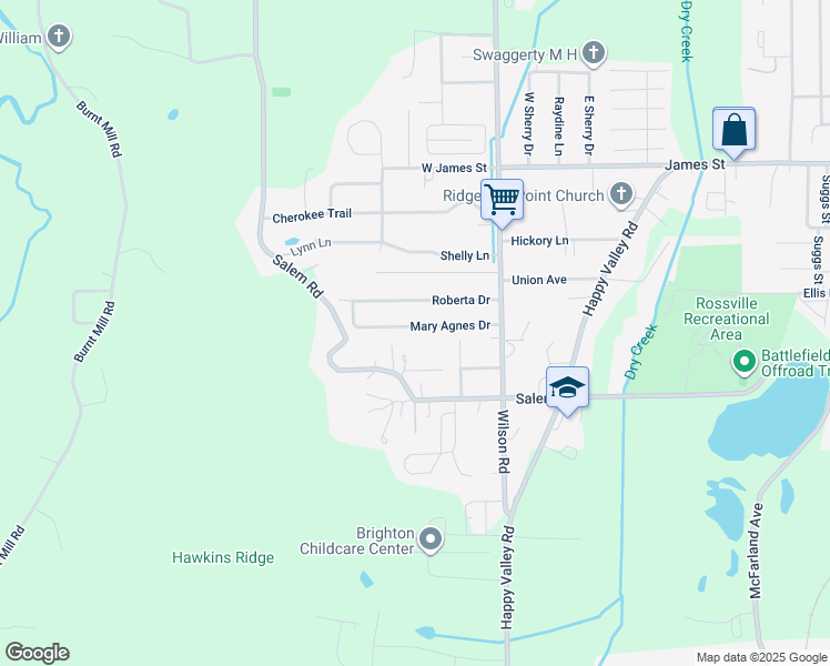 map of restaurants, bars, coffee shops, grocery stores, and more near 725 Mary Agnes Drive in Rossville