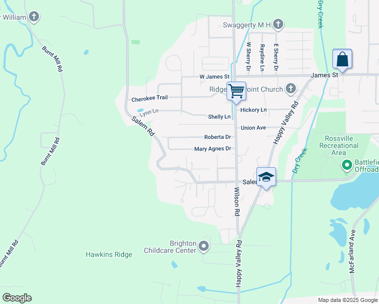 map of restaurants, bars, coffee shops, grocery stores, and more near 725 Mary Agnes Drive in Rossville