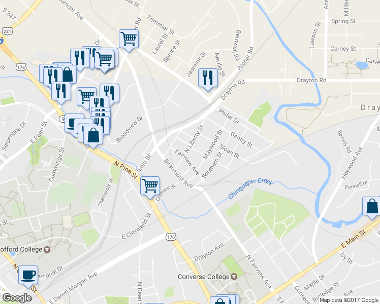 map of restaurants, bars, coffee shops, grocery stores, and more near 711 North Liberty Street in Spartanburg