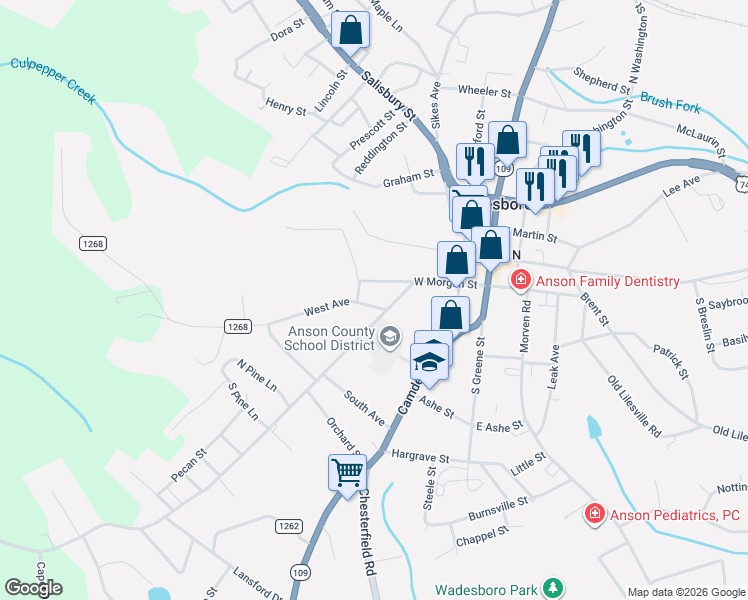 map of restaurants, bars, coffee shops, grocery stores, and more near 506 West Avenue in Wadesboro