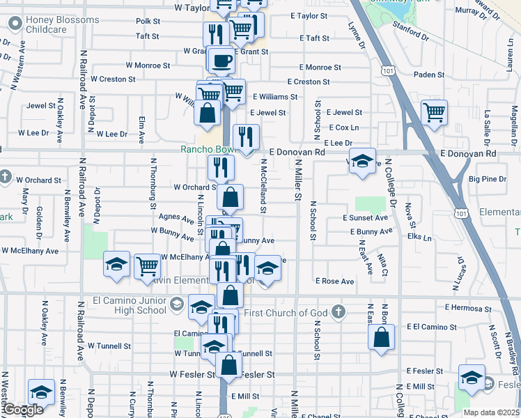 map of restaurants, bars, coffee shops, grocery stores, and more near 1305 North McClelland Street in Santa Maria