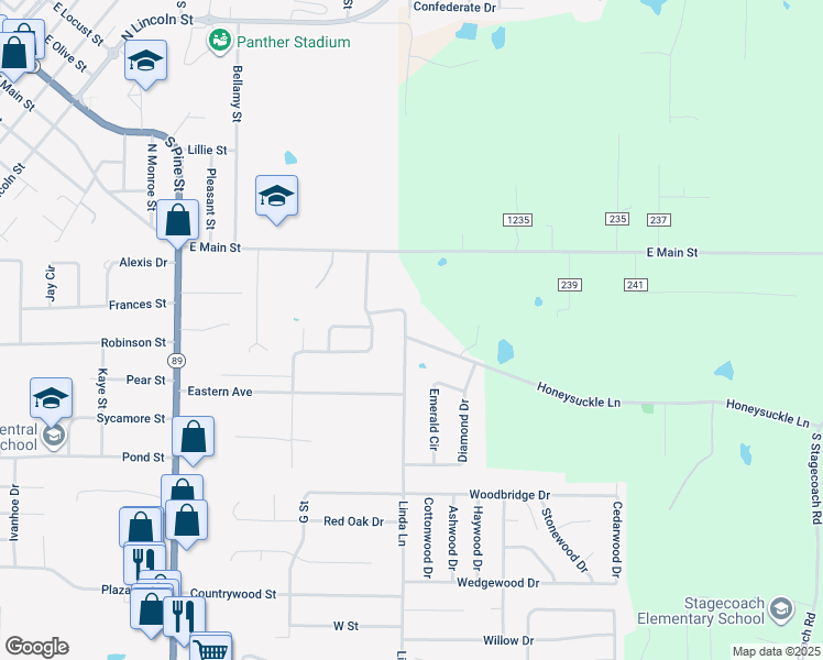 map of restaurants, bars, coffee shops, grocery stores, and more near 357 Honeysuckle Lane in Cabot