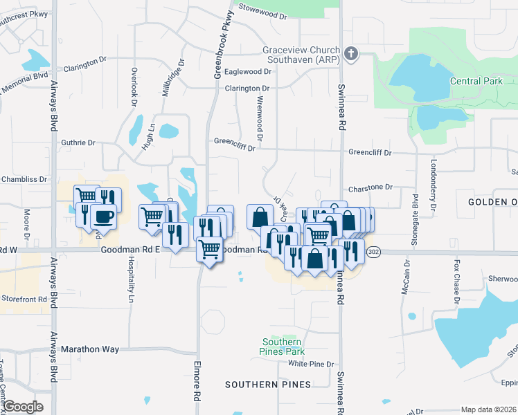 map of restaurants, bars, coffee shops, grocery stores, and more near 720 Dogwood Trail Cove in Southaven