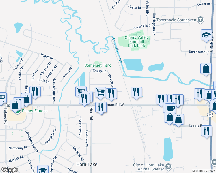 map of restaurants, bars, coffee shops, grocery stores, and more near 2351 Mooneyham Lane in Horn Lake