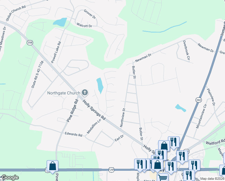 map of restaurants, bars, coffee shops, grocery stores, and more near 621 Willowtree Way in Lyman