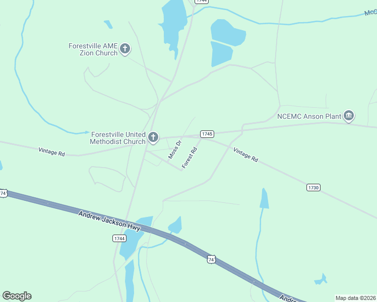 map of restaurants, bars, coffee shops, grocery stores, and more near 303 Forest Rd in Lilesville
