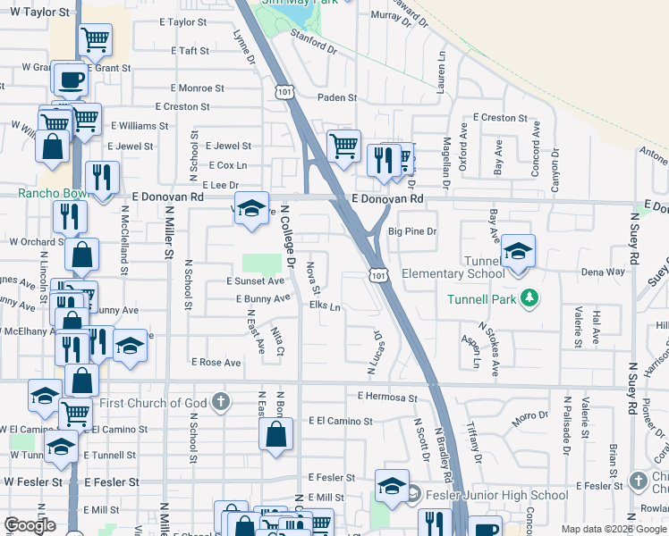map of restaurants, bars, coffee shops, grocery stores, and more near 1334 Charlotte Drive in Santa Maria