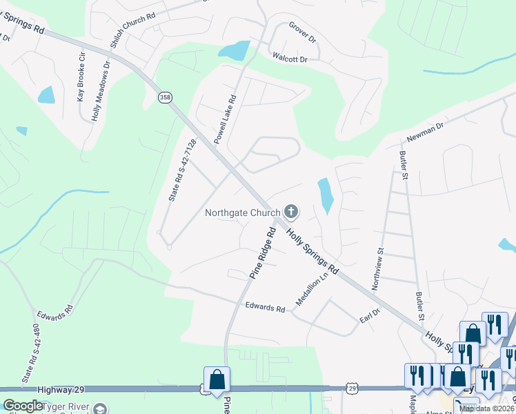 map of restaurants, bars, coffee shops, grocery stores, and more near 645 Holly Springs Road in Lyman