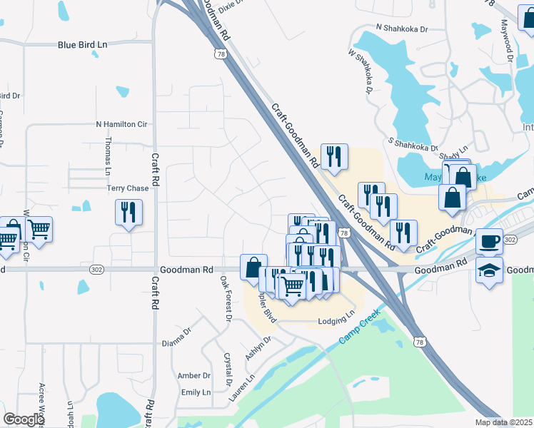 map of restaurants, bars, coffee shops, grocery stores, and more near 7185 Eastover Boulevard in Olive Branch