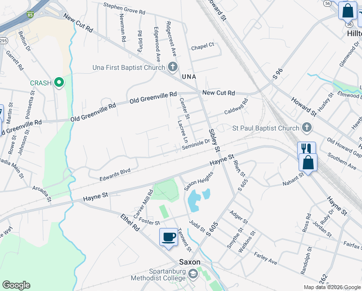 map of restaurants, bars, coffee shops, grocery stores, and more near 214a Seminole Drive in Spartanburg