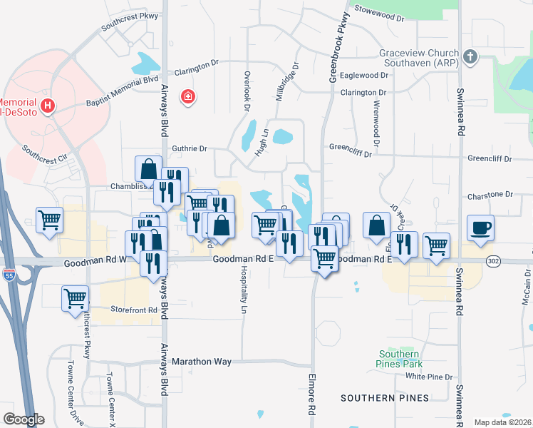 map of restaurants, bars, coffee shops, grocery stores, and more near 302 Avery Jordan Cove in Southaven