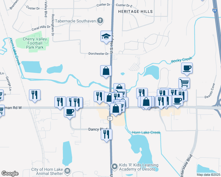 map of restaurants, bars, coffee shops, grocery stores, and more near 7198 U.S. 51 in Horn Lake