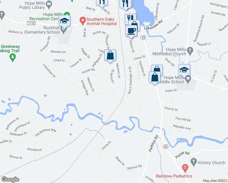 map of restaurants, bars, coffee shops, grocery stores, and more near 3311 Masters Drive in Hope Mills