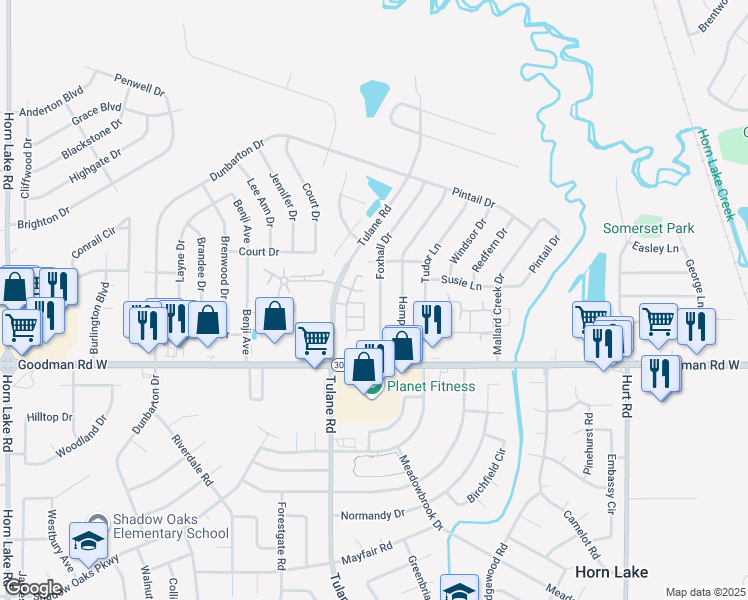 map of restaurants, bars, coffee shops, grocery stores, and more near 7037 Foxhall Drive in Horn Lake