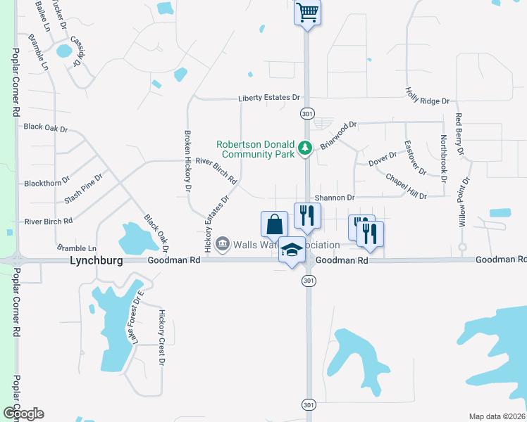 map of restaurants, bars, coffee shops, grocery stores, and more near 6205 River Birch Road in Walls