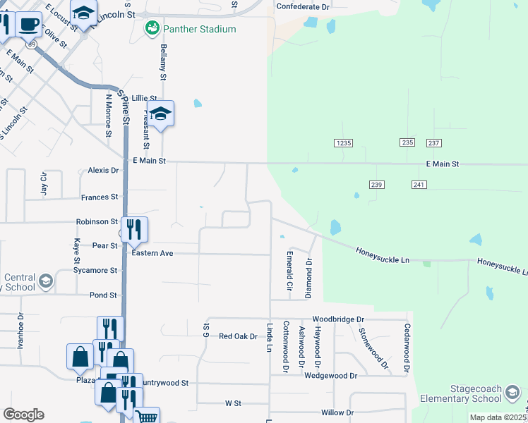 map of restaurants, bars, coffee shops, grocery stores, and more near 357 Honeysuckle Lane in Cabot