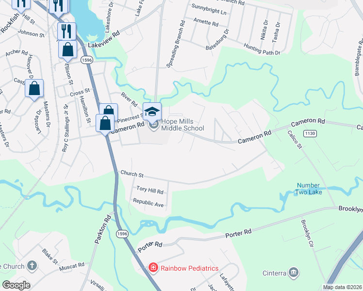 map of restaurants, bars, coffee shops, grocery stores, and more near 4133 Meadowood Court in Hope Mills