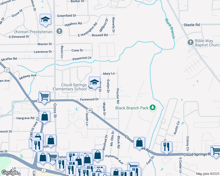 map of restaurants, bars, coffee shops, grocery stores, and more near 86 Evelyn Drive in Rossville