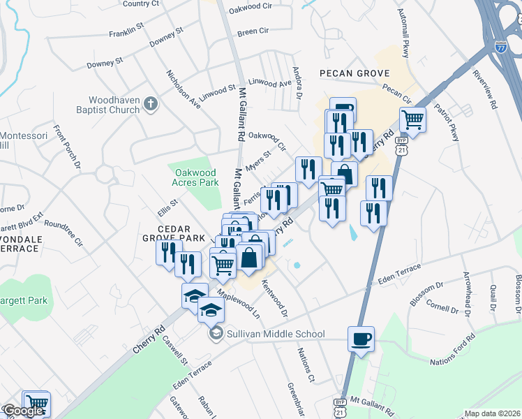 map of restaurants, bars, coffee shops, grocery stores, and more near 2133 Farlow Street in Rock Hill