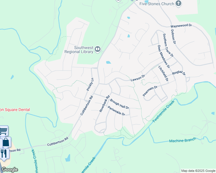 map of restaurants, bars, coffee shops, grocery stores, and more near 1904 Riverbank Road in Waxhaw