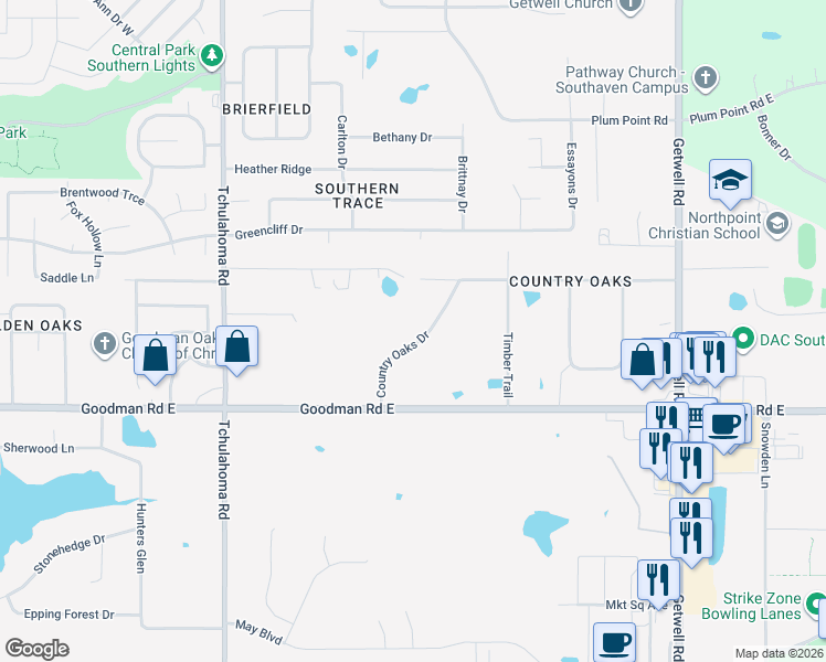 map of restaurants, bars, coffee shops, grocery stores, and more near 7155 Country Oaks Drive in Southaven