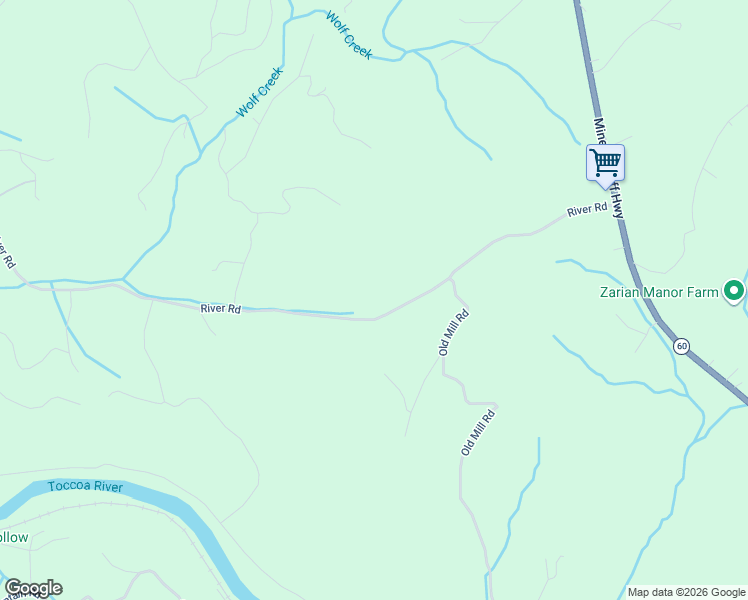 map of restaurants, bars, coffee shops, grocery stores, and more near 2637 River Road in Mineral Bluff