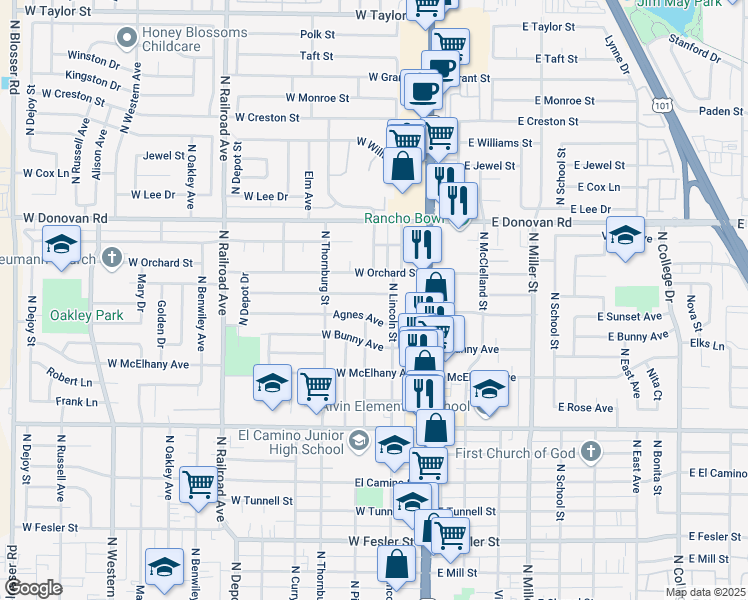 map of restaurants, bars, coffee shops, grocery stores, and more near 216 West Sunset Avenue in Santa Maria