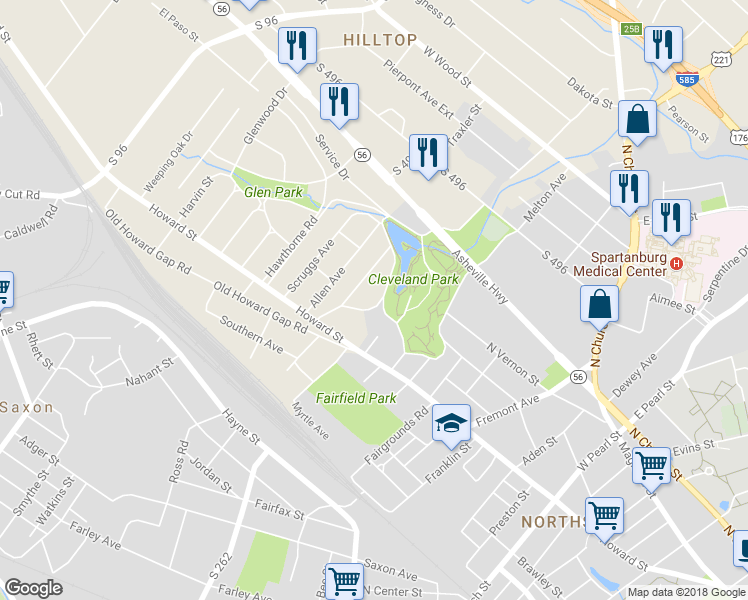 map of restaurants, bars, coffee shops, grocery stores, and more near 116 North Cleveland Park Drive in Spartanburg