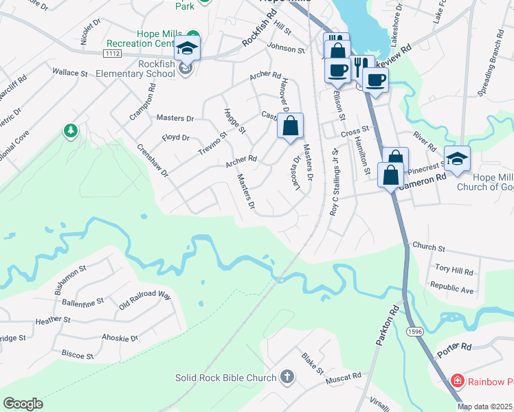 map of restaurants, bars, coffee shops, grocery stores, and more near 3422 Masters Drive in Hope Mills