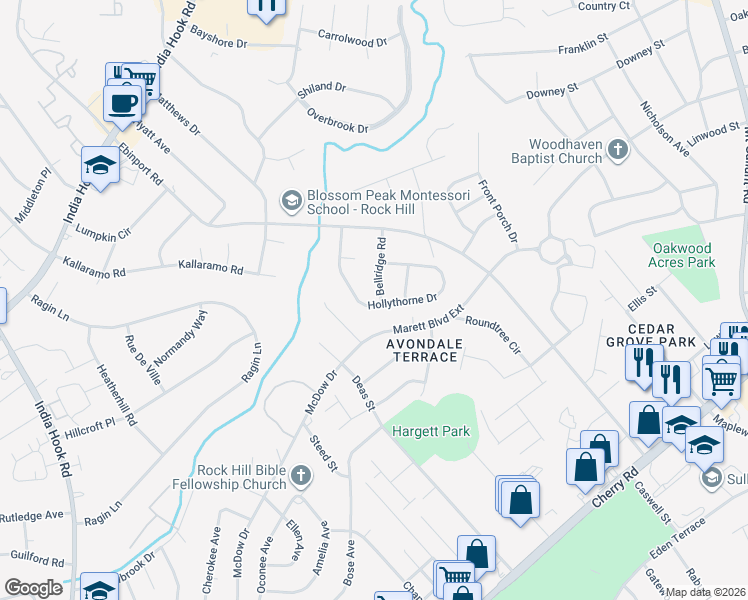 map of restaurants, bars, coffee shops, grocery stores, and more near 1504 Bellridge Road in Rock Hill